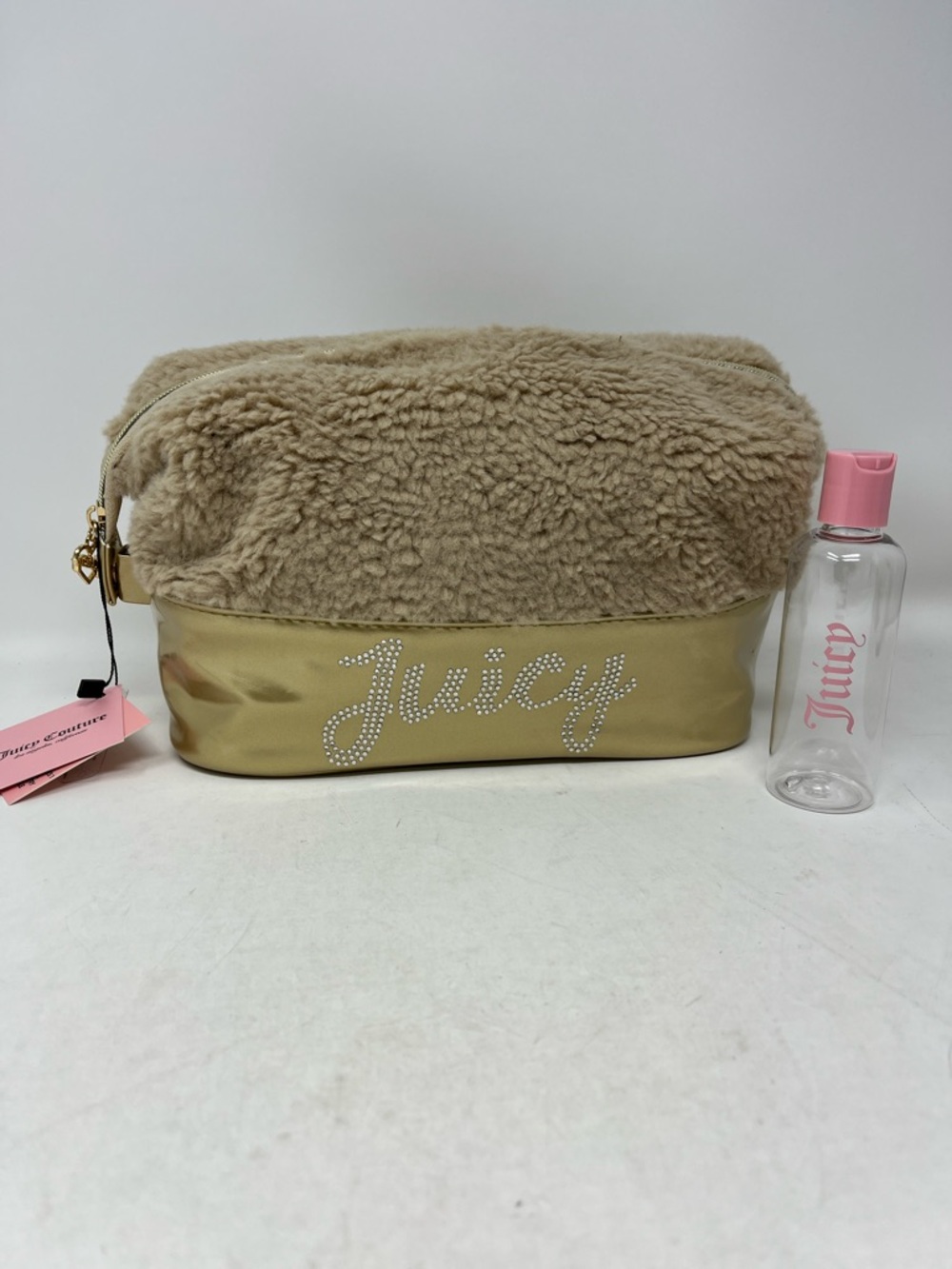 JUICY COUTURE Gold and Faux Shearling Makeup Bag Cosmetics Organizer Travel NEW